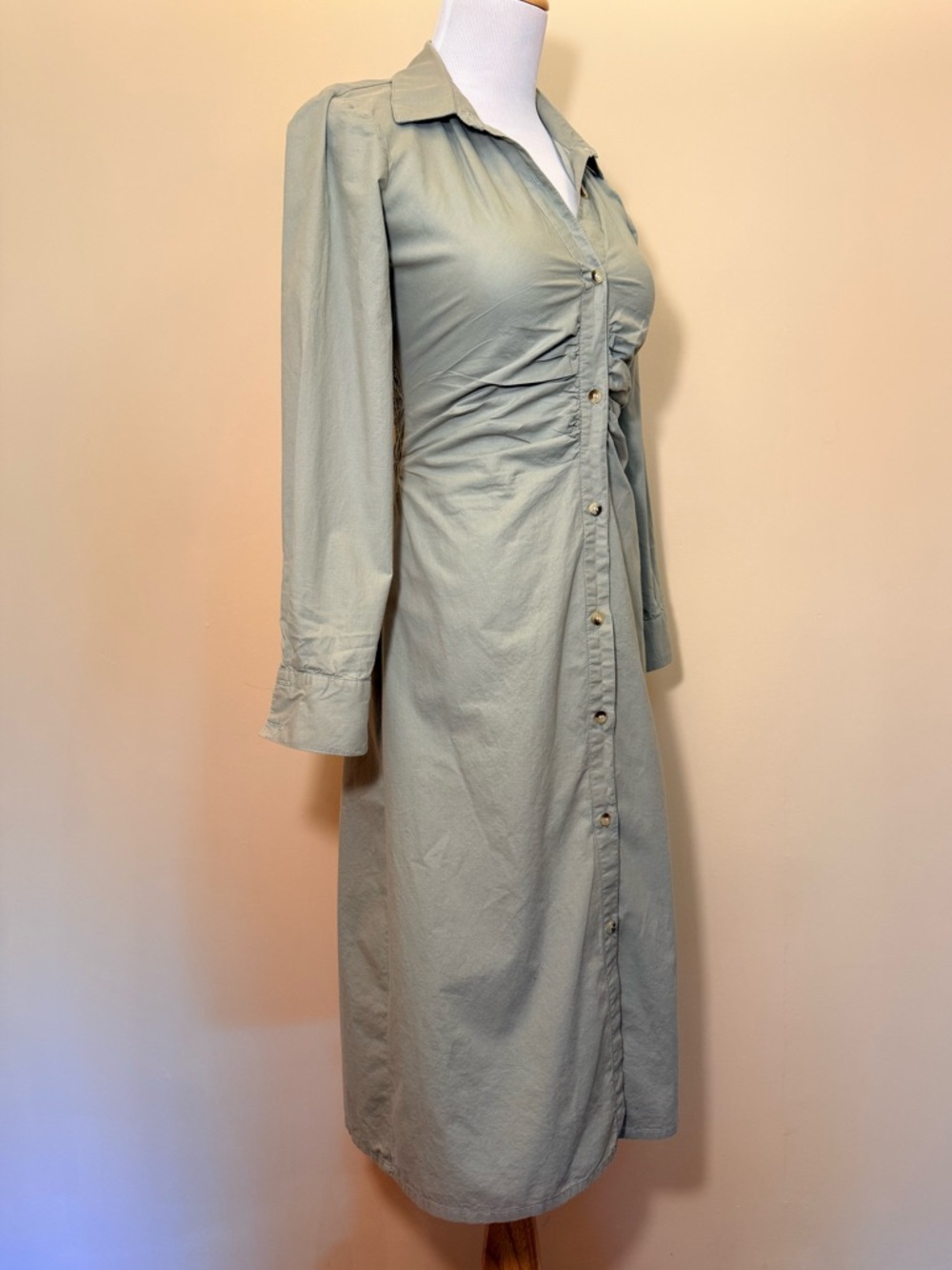 Long Sleeve Button-Front Midi Dress in Sage Green
